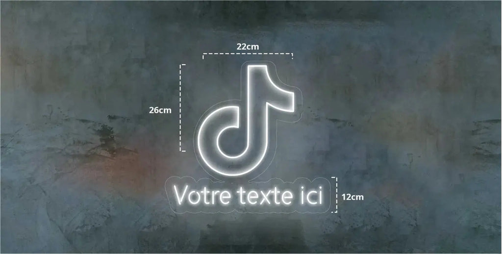 Enseigne néon LED TikTok avec guide des dimensions pour un kit néon LED DIY personnalisable.