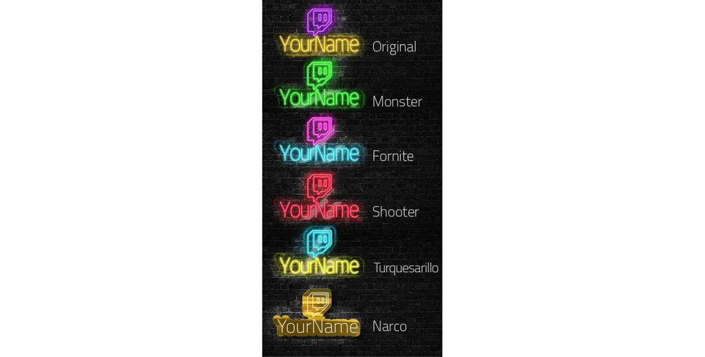Différents styles de noms Twitch en néon LED présentant plusieurs options de couleurs personnalisées