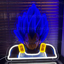 Gros plan du néon LED Vegeta montrant l’éclat des cheveux bleus et l’expression du visage