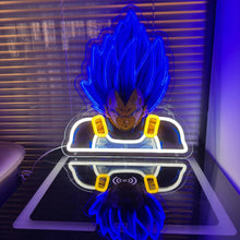 Vue de face d’un néon LED Vegeta avec reflet lumineux sur une surface brillante