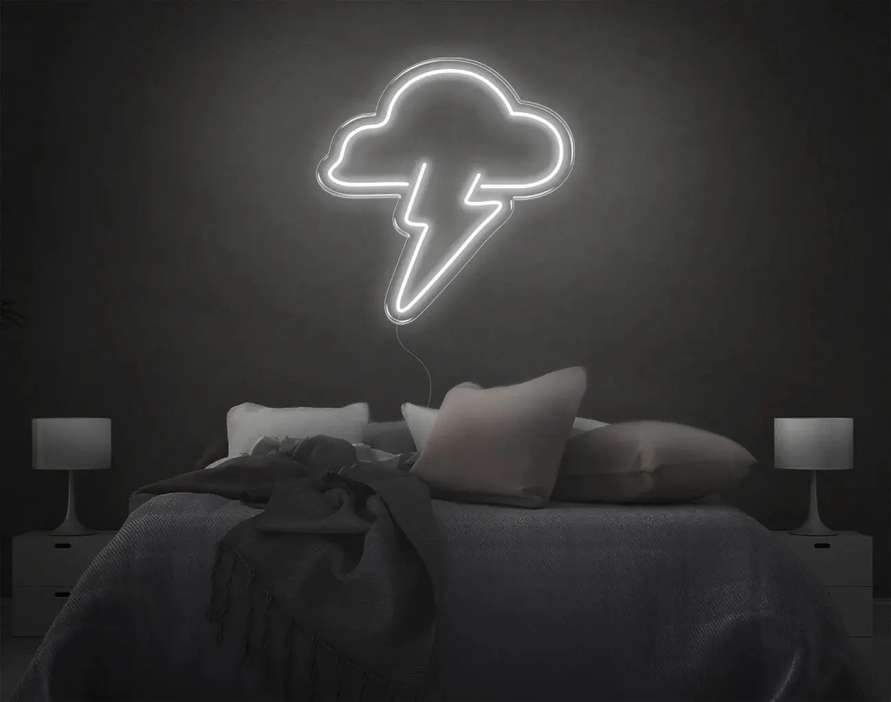 Enseigne néon LED nuage et éclair blanche offrant un éclairage DIY minimaliste et épuré