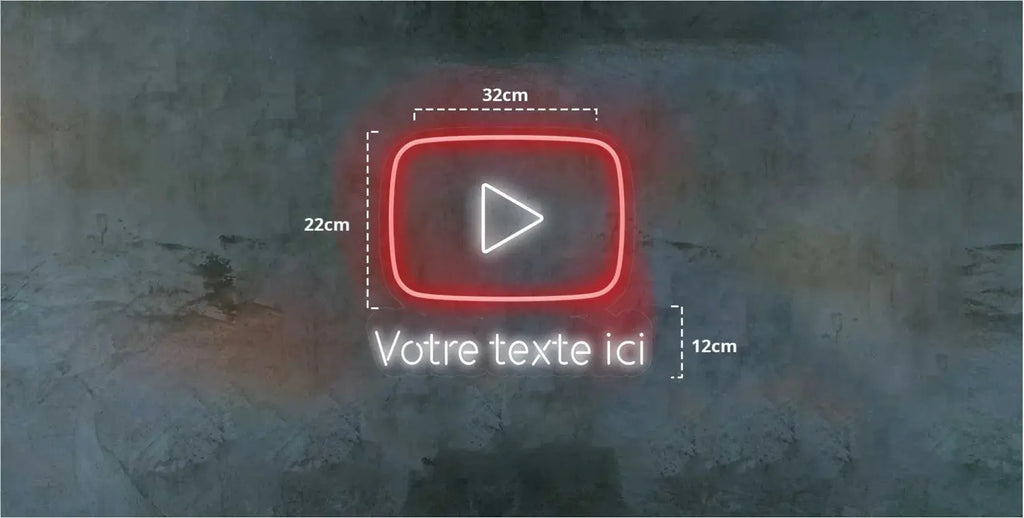 Enseigne néon LED bouton lecture YouTube personnalisable avec texte modifiable, décoration murale rouge et blanche pour studio ou créateur de contenu