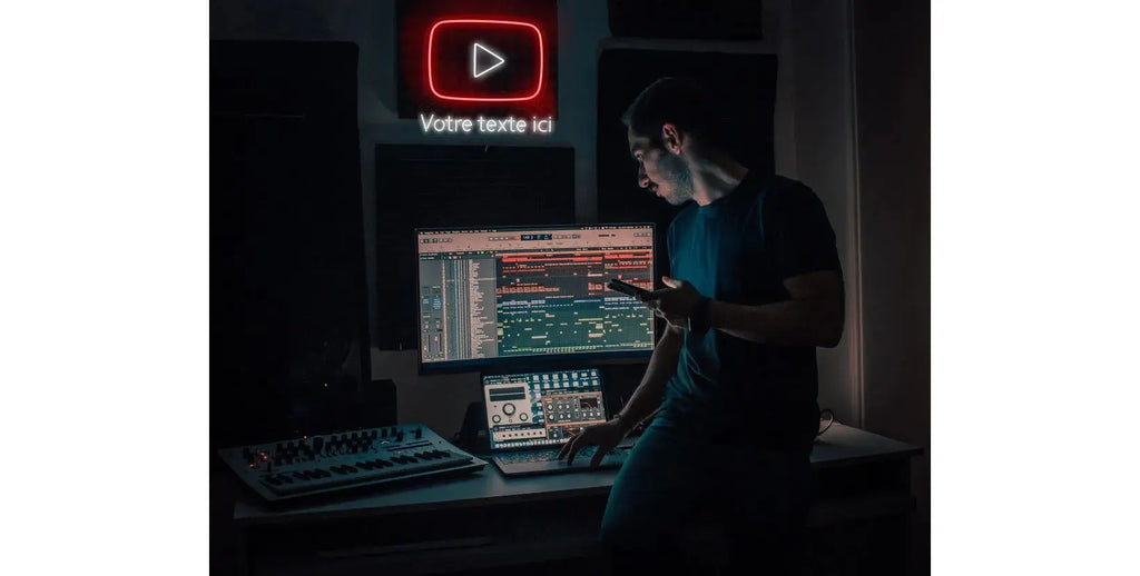 Enseigne néon LED YouTube installée au-dessus d’un bureau de production musicale, décoration lumineuse moderne pour créateurs et streamers