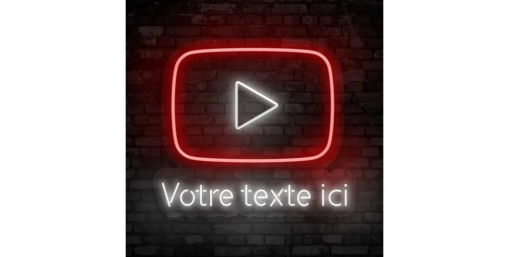 Enseigne néon LED bouton lecture YouTube avec texte personnalisable lumineuse sur mur en briques, décoration moderne pour créateurs de contenu